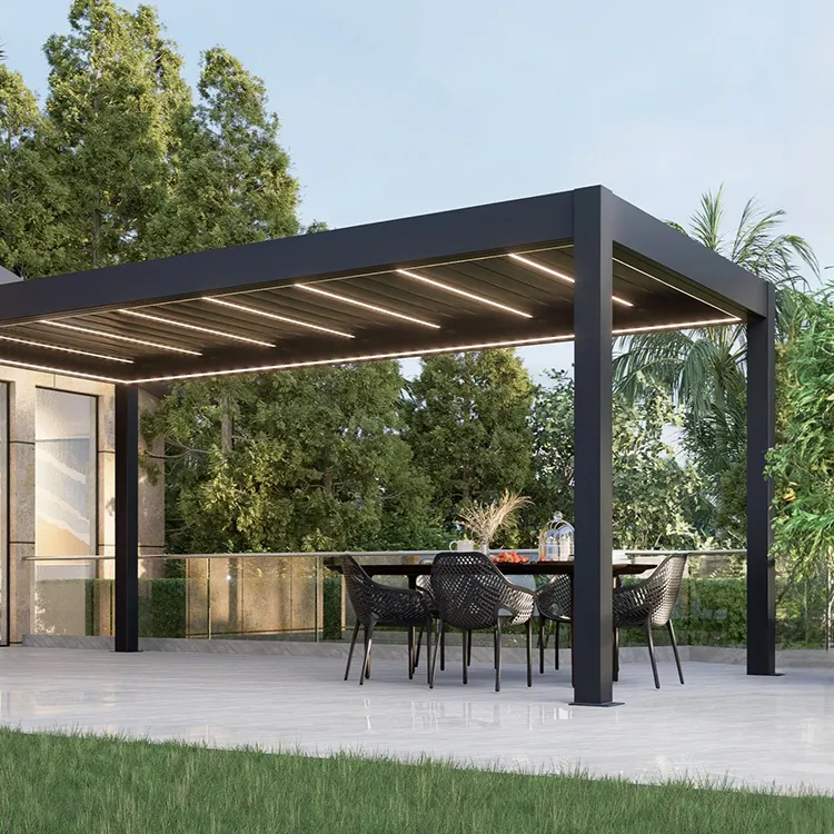 Immer baru Modern otomatis teras luar ruangan lengkungan bioclisatic Aluminium Pergola buka Louvred atap