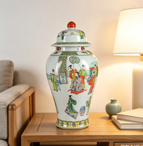 Réplique Chinoiserie Qing, Jarre à gingembre en céramique Famille Verte, avec décor de personnages de demoiselles du Palais Impérial, Jarre générale à couvercle - Product Image 5