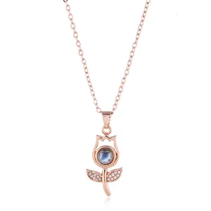 高品质铜新设计珠宝锆石投影吊坠花钥匙玫瑰女士项链