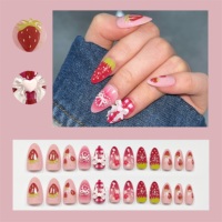 Faux Ongles Réutilisables en Gel Souple, Courts Amande, Motif Fraise Coquette Mignonne, Nœud 3D, Logo Personnalisé, Vente en Gros
