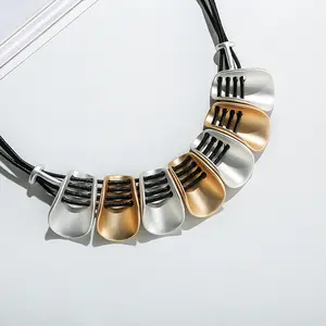 TongLing Halskette Mode Legierung schwarz Seil Multi Strang String Silber Gold Blatt Anhänger Halsreif Frauen Halskette