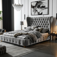 Cadre de lit rembourré double couche réglable pleine grandeur avec rangement, design moderne, structure en chêne avec tissu gris pour chambre à coucher