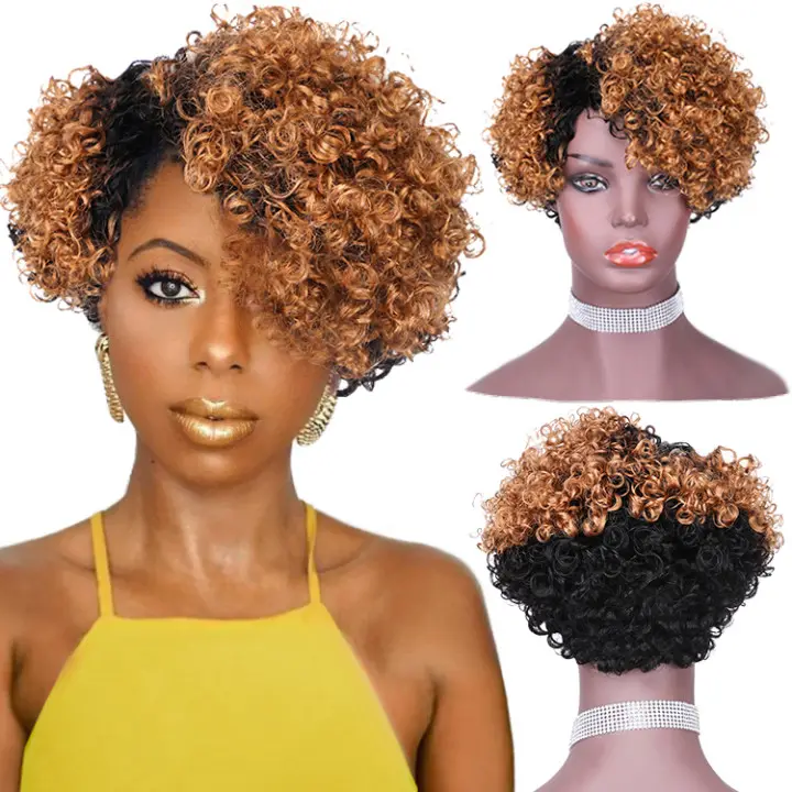 Unprocessed Brazilian 7 inch Short Kinky Curly Bangs Ombre Blonde No Lace Cuticle Aligend Virgin Human Hair Wig For Black Women