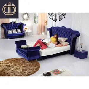 Luxe moderne bed stof nieuwste paars slaapkamer meubels hout knop dubbele metalen bed ontwerpen