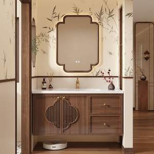 Meuble de salle de bain mural en bois massif de style minimaliste moderne avec lampe LED intelligente intégrée et lavabo en céramique. - Product Image 3