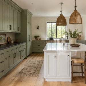 Armoires de cuisine en bois massif vert foncé sur mesure, style américain, ensemble d'armoires de cuisine avec îlot central pour villa - Product Image 4
