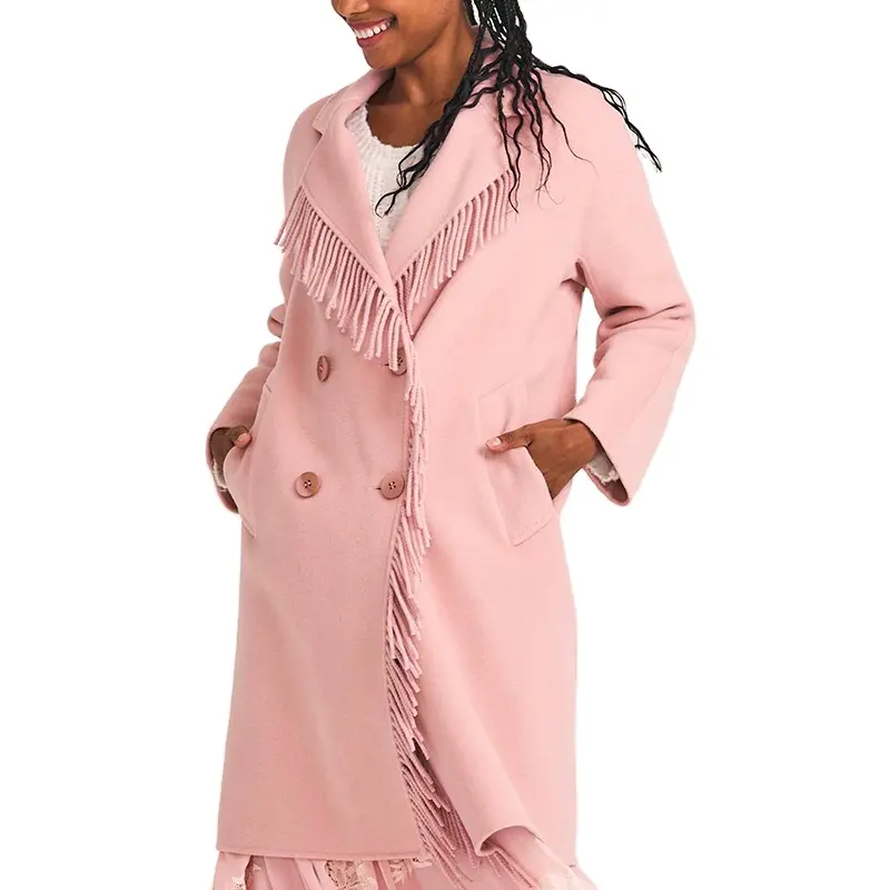 패션 고품질 따뜻한 캐시미어 프린지 코트 100% 캐시미어 무릎 길이 서사시 프린지 우아한 여성 코트