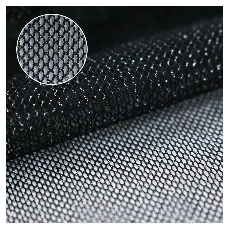 New Design Breathable Net Mesh Black Warp Knitted 92% Nylon 8% Silver Yarn Mesh Tulle Fabric For Fashion Garment