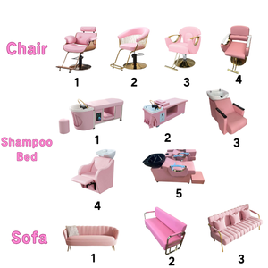 Ensemble d'équipements de salon de coiffure rose très demandé, mobilier de salon en lots avec fauteuil de barbier, miroirs, chariot et comptoir de réception - Product Image 5