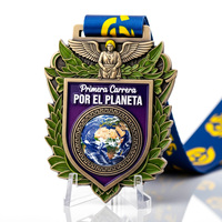 Médaille personnalisée en alliage de zinc, motif feuille d'ange 3D, plaqué bronze antique, émail doux violet, logo imprimé, ruban pour récompense de course à thème Terre