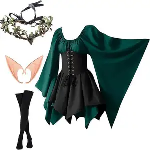 2024 2024 Medieval Fairy Costume Set Women's Renaissance Dress Halloween Elf Girls Cosplay Accessories