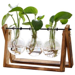 Terrario para Plantas con Soporte de Madera, Florero de Vidrio con 3 Bulbos, Soporte Giratorio de Metal para Mesa, para Jardín, Oficina, Regalo Promocional - Product Image 1