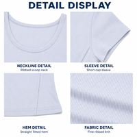 T-shirt personnalisé pour femme à col en U irrégulier, fabrication OEM ODM, vente en gros, tricot côtelé, manches courtes, coupe ajustée, bleu clair, hauts décontractés d'été