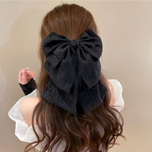 Silver thread large <b>bow</b> hair <b>clip</b>, runaway princess hair <b>clip</b>, trendy and elegant pearlescent yarn, versatile and sweet - Product Image 1