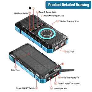 Banque d'alimentation solaire sans fil portable 20000mAh avec lampe LED et 4 câbles de charge rapide pour <span class=keywords><strong>iPhone</strong></span> - Product Image 2