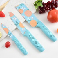 Ensemble de couteaux de cuisine bleu menthe à motifs floraux, 3 pièces, en acier inoxydable, lames revêtues, manche perforé, pour la cuisine à domicile