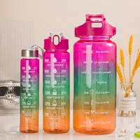 Ensemble de 3 bouteilles d'eau réutilisables en plastique transparent dégradé, type paille, anti-fuite, 2000ml/750ml/300ml avec marqueurs de temps