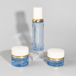 Ensemble de flacons de soin de la peau <span class=keywords><strong>en</strong></span> <span class=keywords><strong>verre</strong></span> bleu de qualité supérieure, flacons cosmétiques de haute qualité, flacon pompe pour lotion, pot rond pour crème, combo - Product Image 2