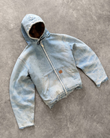 Veste de travail Detroit en denim épais délavé et vieilli, style streetwear, avec capuche à lettrage, doublure matelassée, pour charpentier