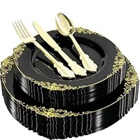 125 assiettes jetables vintage en plastique PS noires avec bord doré, 7,5 pouces et 10,25 pouces, pour 25 invités, mariage, fête