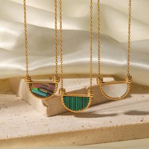 Collar de Joyería Fina de Acero Inoxidable con Colgante de Concha Natural en Forma de <span class=keywords><strong>Abanico</strong></span> con Malaquita Negra y Abulón Sinfónico - Product Image 6