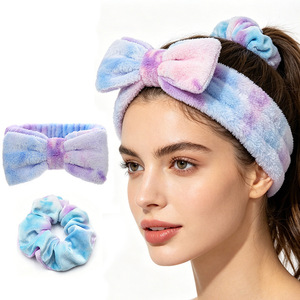 Diadema de felpa suave con lazo para el pelo, conjunto de color pastel tie-dye para mujer, para maquillaje y ducha - Product Image 1