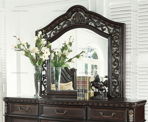 Ensemble de meubles de chambre à coucher en bois massif avec tête de lit sculptée à la main de style antique de luxe, couleur foncée - Product Image 3