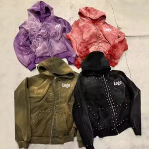 Sudadera con Capucha Personalizada de Algodón de Alta Calidad para Hombre, con Remaches, Estilo Corto, Holgada, Desgastada por el Sol, con Estampado Gráfico Vintage, Lavada al Ácido, con Cierre - Product Image 2