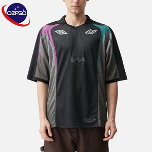 QZFSO Custom Vintage 90s Soccer <b>Top</b> Dark Charcoal Textured Stripe V-neck Polo Collar Mesh Panel Loose Short Sleeve Team Jersey - Product Image 1