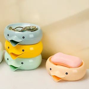 Porte-savon carré moderne à double couche, forme de canard mignon, auto-drainant, en plastique, boîte à savon créative pour salles de bain et hôtels - Product Image 1