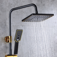 Ensemble de douche thermostatique moderne de luxe noir et or en acier inoxydable, avec barre coulissante, à commande unique et fonction pluie, style touches de piano
