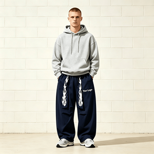 Pantalones Deportivos para Hombre, Color Azul Marino, Estampado de Llamas, Cintura Elástica, Bolsillos Laterales, Pantalones Casuales de Algodón de Peso Medio para Otoño - Product Image 1