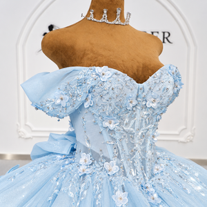 Lsdz023-Pz Impresionante Vestido de Quinceañera Azul Cielo con Volantes, Manga Corta, Apliques de Encaje Floral Brillante, Estilo Princesa, Jancemebr - Product Image 5