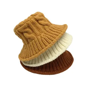 Automne vintage en gros acrylique câble tricoté seau chapeau femmes chapeaux d'hiver tricoté dames seau chapeau
