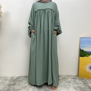 Women's Crew Neck Closed Abaya - Cute Bust Pleats & Big Sleeves <b>Maxi</b> Dress, Wrinkle Crepe Fabric with Side Pockets (Style 6694#) - Product Image 6