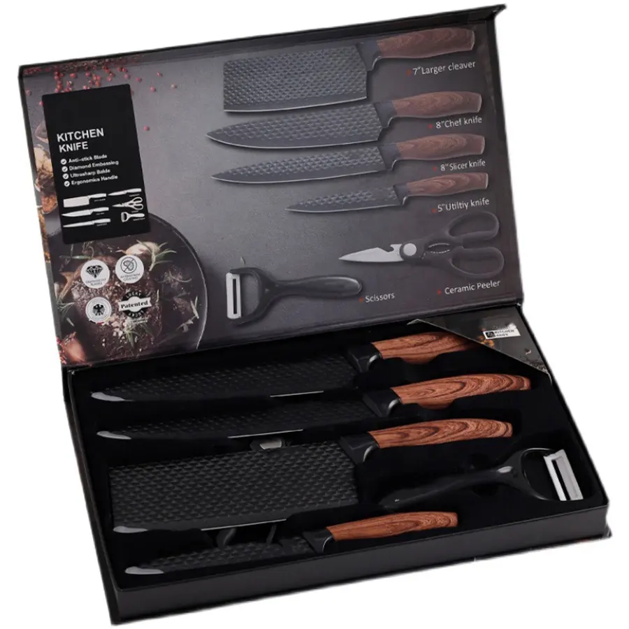 Hot selling kitchen knife accessories wood grain pattern kitchen knives stainless steel knife set for kitchen