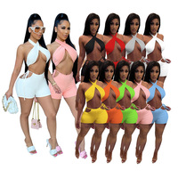 D8077 Mode Sommer Sexy Outfits Kurze Hosen Sets Für Frauen Sexy Hollow Cross Collar Tops