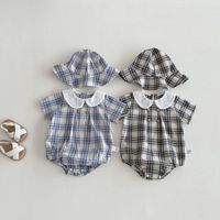 Romper de Verano para Bebé Niña, de Algodón, con Cuello Peter Pan, Manga Corta, a Cuadros, con Gorro