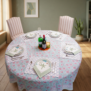 Elegant Hand Block Print <b>Round</b> Floral Printed Cotton Premium Quality <b>Tablecloth</b> Pastoral Style Washable Home Dining Cover - Product Image 1