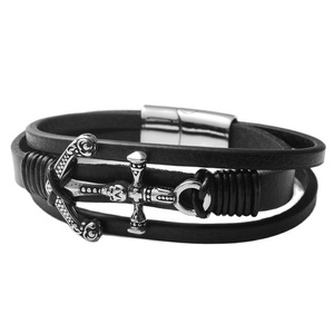 Anchor <b>Leather</b> <b>Bracelet</b> Black Titanium Steel Fashion Men's Jewelry - Product Image 1