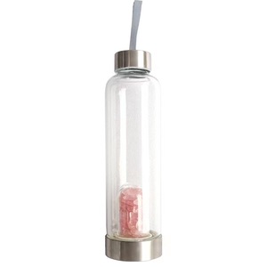 Bouteille d'eau en verre avec paillettes de cristaux pour purification spirituelle, 18,6 oz, tasse d'élixir en pierres précieuses naturelles, avec étui de transport portable - Product Image 1
