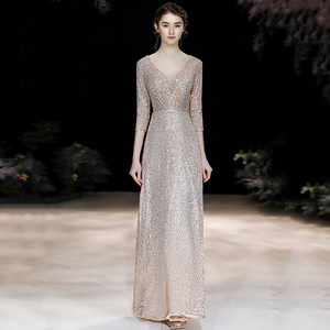 Evening Gown With Gold <b>Sequins</b> V Neck Sheath Satin Long Dress For Formal Events - Product Image 1