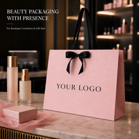 Sacs cadeaux en papier cosmétique de luxe en carton rose avec poignées en ruban noir pour l'emballage de coffrets cadeaux de beauté en gros