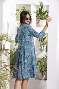 Mandarin Collar Blue Flower Printed Tunic With <b>Box</b> Pleated Detail Stylish Women Casual Top Fashion Ethnic Wear - Product Image 2
