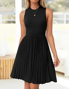 Women's Summer Sleeveless Mini Dress 2024 Crew Neck Knit A-line Pleated Basic Short Black Dress