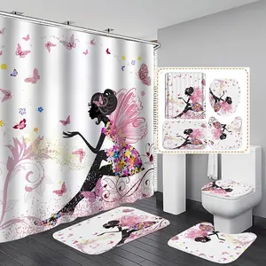 4 Piece Original Spring Flowers Bride Rose Girl 3D Butterfly Pattern Cartoon Bath Shower Curtains and Rug Set