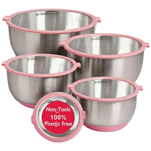 Conjunto de Tigelas de Mistura em Aço Inoxidável Antiderrapantes com Tampas de Vidro e Ralador para Cozinha, Saladas, Culinária e Confeitaria - Product Image 1