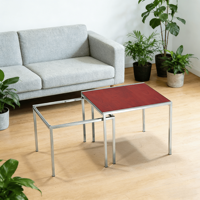Ensemble de tables basses gigognes modernes réglables en bois rouge et verre avec cadre chromé, table d'appoint minimaliste pour salon