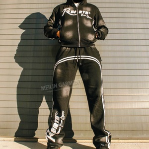 Acid Wash Sweat Suits Custom logo Men Tracksuit Unisex Jogger <b>Set</b> <b>Embroidery</b> Patch Zip up Hoodies and Sweatpants <b>Sets</b> for Men - Product Image 3