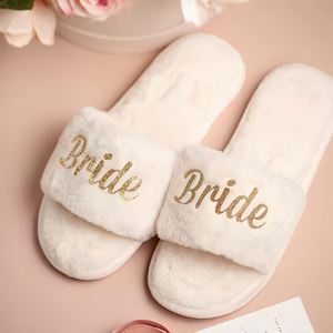 Custom Wedding Fuzzy <b>Slippers</b>, Open Toed Plush Women <b>Slippers</b>, Personalised Wedding <b>Party</b> Gifts for Indoor/Outdoor - Product Image 2